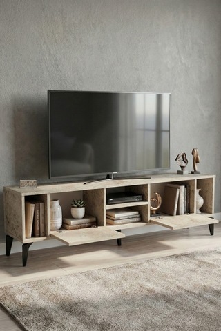 Tv Sehpası 160 Cm Modern Çok Amaçlı Dolaplı Raflı Televizyon Ünitesi Linya Traverten