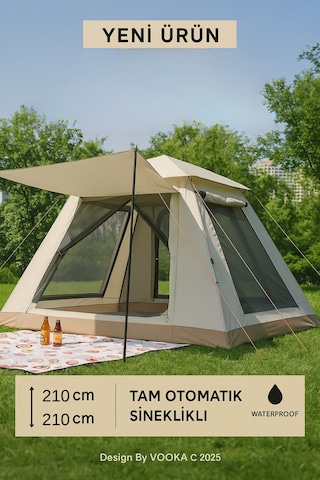 6 Kişilik Otomatik Kamp Çadırı Sineklikli & 3000 Mm Su Geçirmez Outdoor Çadır Bej