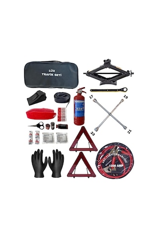 Beşli Ürün Tüvtürk Uyumlu Trafik Seti + Çantalı Akü Takviye Kablosu + Kriko + Bijon Anahtarı + Eldiven