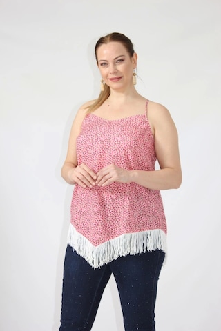 Moda Berray 3280 Etnik Desenli Eteği Saçaklı İnce Askılı Yazlık Bluz Pembe
