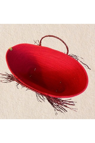 Uretti - Ayşe 4723 2151 El Yapımı Tress İp Yuvarlak Metalik İp Saplı Püskül Detaylı Plaj Çantası - Kırmızı Kırmızı