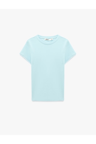 Koton Ribanalı Pamuklu Slim Fit Bisiklet Yaka Kısa Kollu Dantel Detaylı Tişört Mavi 6sak50506ek