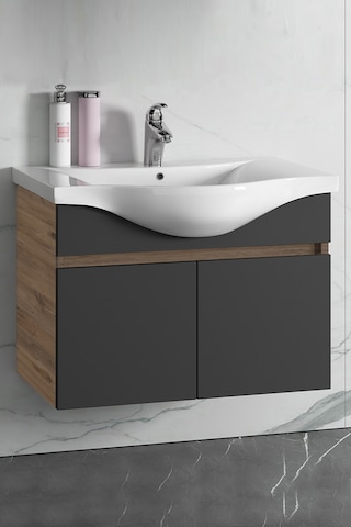 80 Cm Atlantik Çam-Antrasit Gri Mat Mdf Lavabolu Banyo Alt Dolabı Antrasit - Atlantik Çam