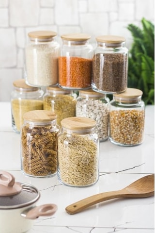 9 Lu Set Bambu Kapaklı Cam Kavanoz & Erzak Saklama Kabı 800 Ml Orta Boy Vakum Kapak Diğer