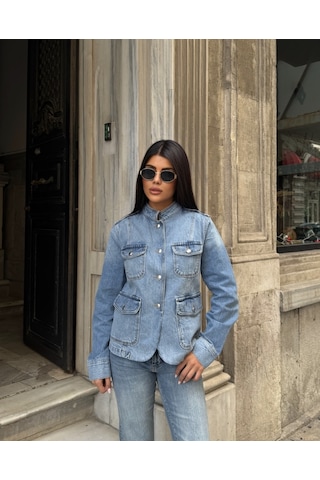Out Of Standart Kadın Regular Fit Düğme Detaylı Denim Ceket İce Blue