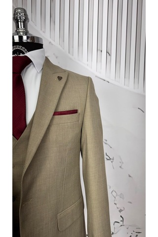 Dupont Classics Dupont Erkek Slim Fit Yelekli Takım Elbise 6 Drop Çift Yırtmaç Açık Vizon