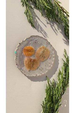 Epoksi İçinde Glitter Turuncu Begonvilli Yuvarlak Bardak Altlığı Şeffaf