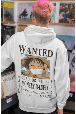 Sevbano Wanted Monkey D. Luffy One Piece Anime Sırt Baskılı Unisex Oversi beyaz