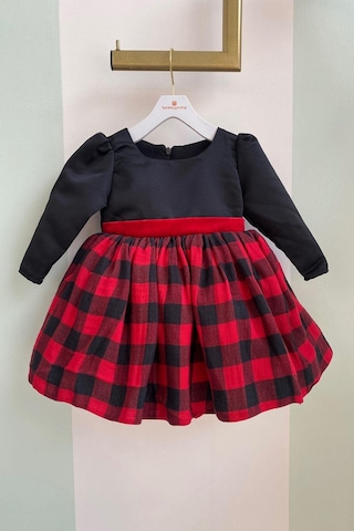 Altı Ekoseli Uzun Kol Bebek Elbise Kırmızı Doğum Günü Kırmızı