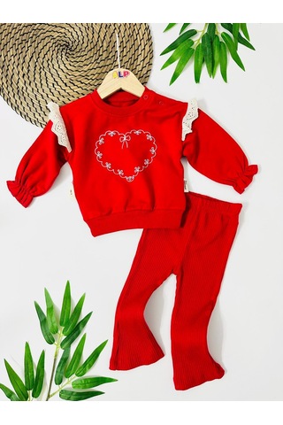 Fiyonk Kalp Baskılı Fitilli Tayt Mevsimlik 2 Parça Set Kırmızı