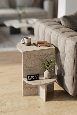 Yan Sehpa Çok Amaçlı Modern Tasarım Raflı Salon Koltuk Kenarı Sehpası Setro 6022 Traverten Çok Renkli