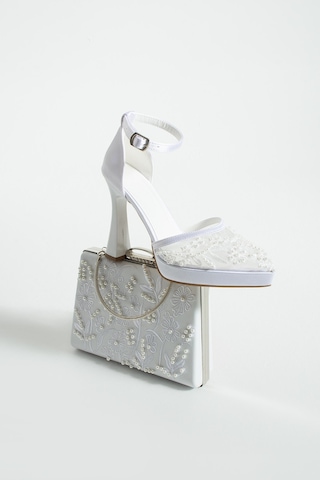 Dabab Shoes Pearly Beyaz Ayakkabı Çanta Kombin Platformlu 11cm Topuklu İncili Bantlı Abiye Ayakkabı Çanta Seti Beyaz Kombin