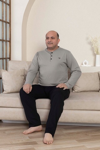 Guava Erkek Büyük Beden 3 Düğmeli %100 Pamuk Mevsimlik Uzun Kol Cepli Pijama Takımı Gri