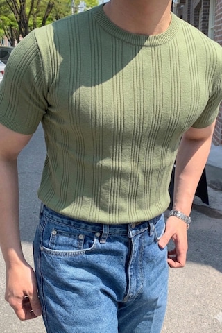 Cool Tarz Old Money Fit Bisiklet Yaka Çizgili Triko T-shirt Slim Kalıp Premium Kahve Yeşil Yeşil