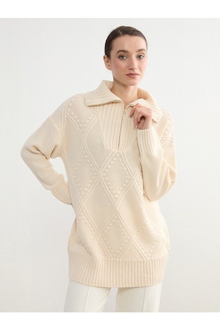 Lcw Modest Bej Polo Yaka Baklava Desenli Kadın Triko Tunik