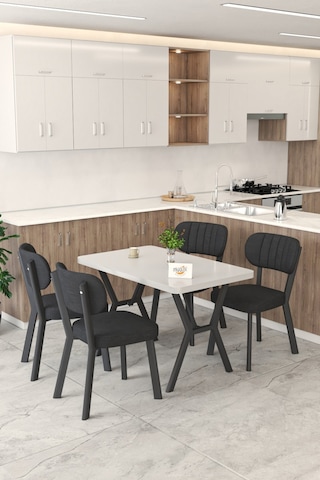 Gnr 70x110cm Sabit Beyaz Mutfak Masası Takımı, Yemek Masası, 4 Modern Siyah Sandalye Siyah
