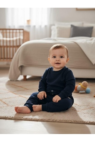 Zekids Erkek Çocuk Pamuklu Lastikli Duble Paça Eşofman Altı-16388 Lacivert