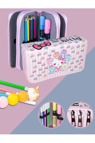 Kalem Kutusu Love Kitty Temalı Kawaii Desen Orginazer Vegan Deri