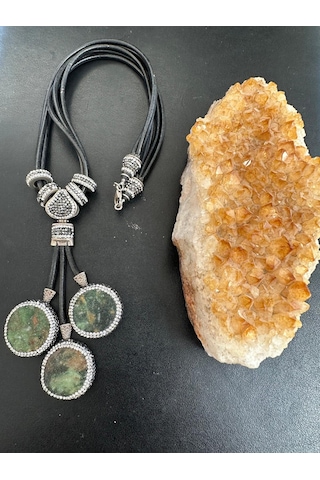 Aysesa Otantik El  İşi Doğal Yeşim, Zirkon ve Markazit Taşlı Gümüş Kolye