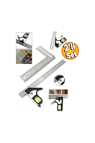Master Ayarlanabilir Su Terazili Gönye 30 Cm Açı Ölçer Cetvel+ 30 Cm Marangoz Gönye 2'li Set