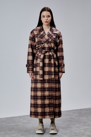 Elora Kahverengi Ekose Detaylı Premium Oversize Trençkot 46650 Kahverengi-vizon