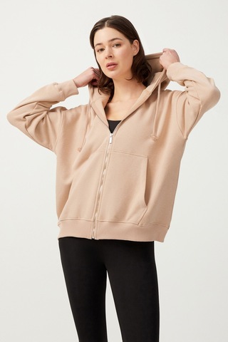 Los Ojos Kadın Bej Kapüşonlu Oversize Şardonlu Fermuarlı Örme Sweatshirt Bej