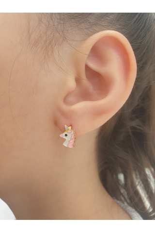 925 Ayar Gümüş Altın Kaplama Pembe Unıcorn Çocuk Küpesi