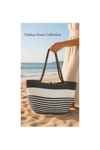 Nakkaş Home Collection Jüt Kadın Çanta Hasır Görünümlü Omuz Çantası, Plaj Ve Günlük Kullanım 50x30 Gri-beyaz Lacivert-beyaz