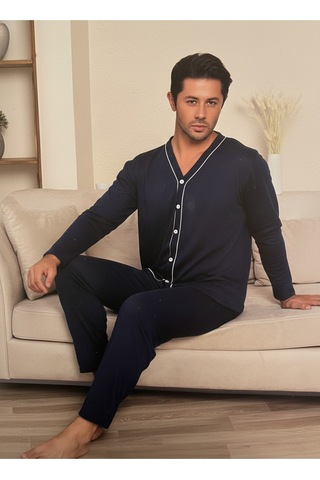 Erkek Önden Düğmeli Uzun Kollu Pijama Takım Lacivert