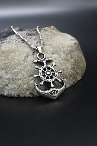 Çapa Dümen Figürlü Kolye Paslanmaz Çelik Zincir 902291 Gümüş