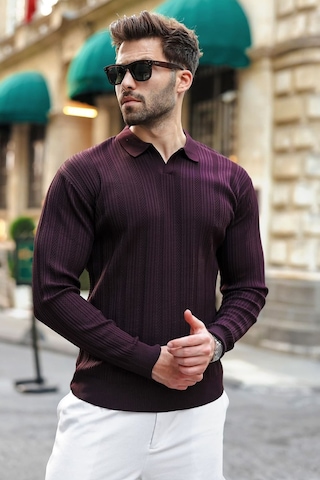 Madmext Mürdüm Polo Yaka Desenli Over Fit Erkek Triko Kazak E7517