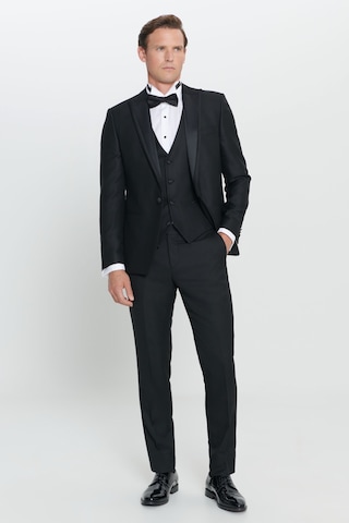 Ac&Co / Altınyıldız Classics Erkek Sıyah Slim Fit Dar Kesim Kırlangıç Yaka Desenli Yelekli Smokin Takım Sıyah Siyah