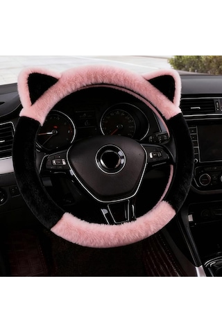 Kulaklı Pembe Peluş Direksiyon Kılıfı Kadınlara Özel Tüylü Direksiyon Kılıfı