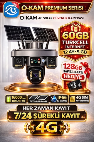 O-kam Ok335 Premium Serisi 12mp 4 Kameralı 4g Çift Solar Panel Gece Görüş 1 Yıl Turkcell +128gb Hafıza