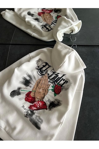 Gizers Giyim Üç İplik Penye Uzun Kol Kapşonlu Baskılı Sweatshirt - Beyaz