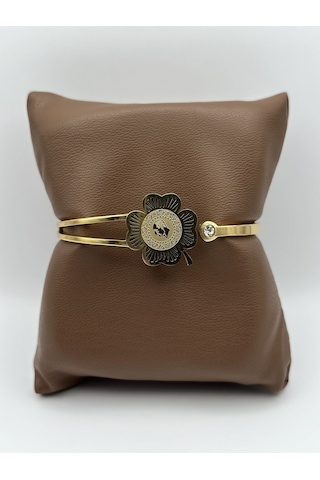 Arnes Jewelry Çelik Yoncalı Çeyrekli Zirkon Taşlı Kelepçe Ar207nes Gold