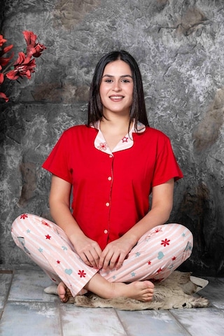Lukitus Desenli Gömlek Yaka Kısa Kol Pijama Takımı Kırmızı