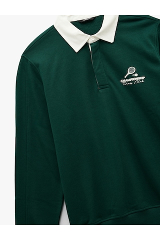 Koton Regular Fit Şardonlu Renk Kontrastlı Çizgili Polo Yaka Baskılı Sweatshirt Yeşil 6wam70163mk Yeşil