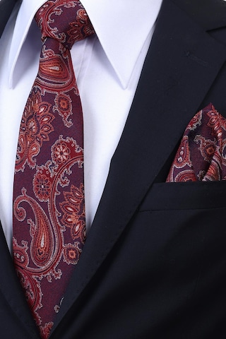 Esgue Hand Made 8 Cm Şal Desen Bordo Kırmızı Renk Mendilli Kravat Lacivert - Gri