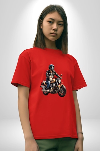 Kask Motorsiklet Dünya Turu Pamuklu Bisiklet Yaka Unisex Oversize Boyfriend Dijital Baskılı Kırmızı T-shirt Kırmızı