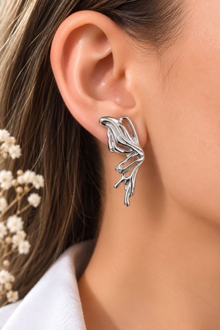 Cm Jewelry Kelebek Detaylı Gümüş Renk Çelik Küpe