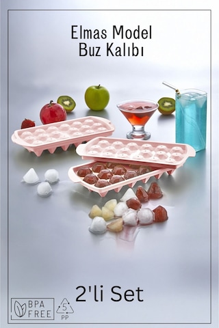 18 Bölmeli Elmas Model Buz Kalıbı / 2'li Set - Pembe Pembe