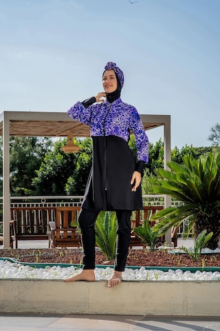 Ruko Maio Kadın Crop Üst Rahat Kesim Lycra Su İten Kumaş Haşema Mor Mayo Takımı Mor Desenli