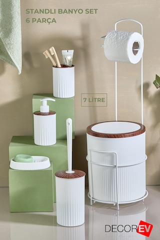 Decorev 6'lı Banyo Seti Metal Standlı Beyaz Ahşap Desenli Tuvalet Wc Kağıtlık Seti Ahşap