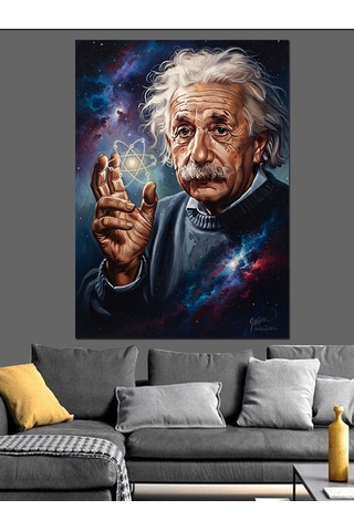 Bilim İnsanı Einstein Yıldızlar Arasında Dekoratif Kanvas - Mdf Ahşap Tablo