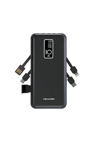 Powerbank 10.000 Mah Hızlı Şarj Destekli, 4'ü 1 Arada Entegre Kablolu Taşınabilir Şarj Cihazı-1713 Siyah