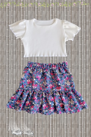 Çocuk Etekli Crop Takım, Çiçekli Fırfırlı Etek - Ekru Crop Ekru-fırfırlı Ekru