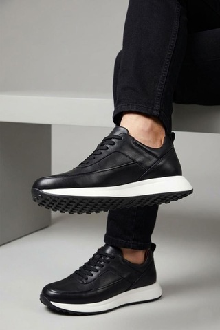 Papuçcity Pisagor Ps-5757 Erkek Hakiki Deri Sneakers Spor Ayakkabı Siyah
