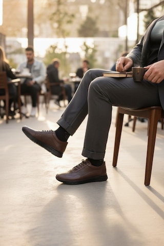 Enoch Hakiki Deri Mikro Delik Detaylı Erkek Sneaker Ortopedik Taban Kahverengi