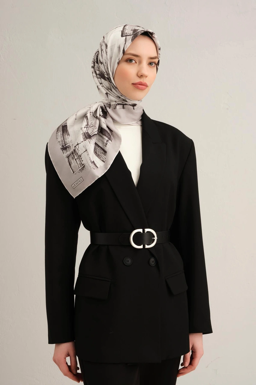 Armine Soyut Desenli Saf İpek Twill Eşarp 9350d 84 Gri